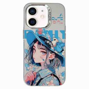 For iPhone 11 Chinese Ancient Style Electroplated Lens Ring PC Hybrid TPU Phone Case(Girl with Blue Hat)