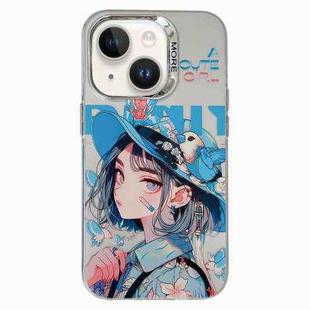 For iPhone 14 Chinese Ancient Style Electroplated Lens Ring PC Hybrid TPU Phone Case(Girl with Blue Hat)
