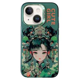 For iPhone 14 Chinese Ancient Style Electroplated Lens Ring PC Hybrid TPU Phone Case(Green Background Girl)