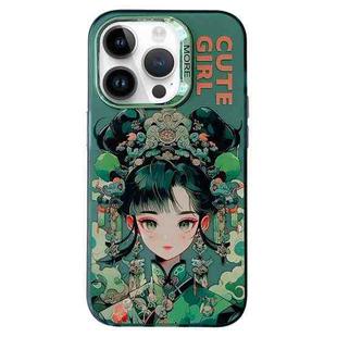 For iPhone 13 Pro Chinese Ancient Style Electroplated Lens Ring PC Hybrid TPU Phone Case(Green Background Girl)