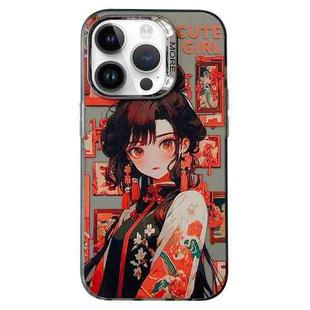 For iPhone 13 Pro Chinese Ancient Style Electroplated Lens Ring PC Hybrid TPU Phone Case(Red Letter Girl)