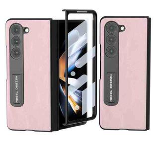 For Samsung Galaxy Z Fold5 ABEEL Integrated Cowhide Texture PU Phone Case with Holder(Pink)