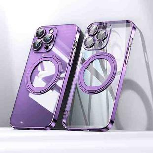 For iPhone 14 Pro Electroplated 360 Degree Bracket MagSafe Magnetic Phone Case(Transparent Purple)