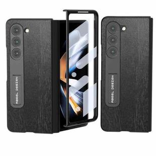 For Samsung Galaxy Z Fold5 ABEEL Integrated Wood Texture PU Phone Case with Holder(Black)