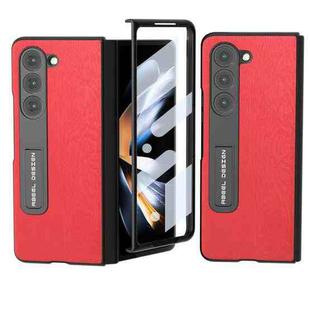 For Samsung Galaxy Z Fold5 ABEEL Integrated Wood Texture PU Phone Case with Holder(Red)