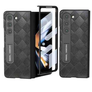For Samsung Galaxy Z Fold5 ABEEL Integrated Weave Plaid PU Phone Case with Holder(Black)