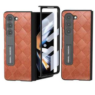 For Samsung Galaxy Z Fold5 ABEEL Integrated Weave Plaid PU Phone Case with Holder(Brown)