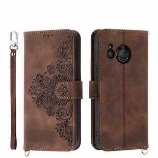 For Sharp Aquos R8 Skin-feel Flowers Embossed Wallet Leather Phone Case(Brown)