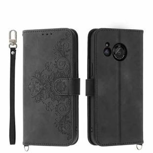 For Sharp Aquos R8 Skin-feel Flowers Embossed Wallet Leather Phone Case(Black)