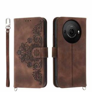 For Sharp Aquos R8 Pro Skin-feel Flowers Embossed Wallet Leather Phone Case(Brown)