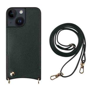 For iPhone 14 Plus Fish Tail Card Slot PU + TPU Phone Case with Long Lanyard(Dark Green)