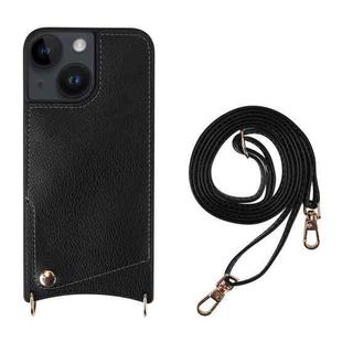 For iPhone 14 Plus Fish Tail Card Slot PU + TPU Phone Case with Long Lanyard(Black)
