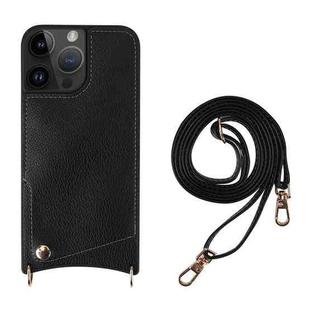 For iPhone 14 Pro Fish Tail Card Slot PU + TPU Phone Case with Long Lanyard(Black)