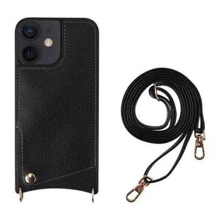 For iPhone 12 / 12 Pro Fish Tail Card Slot PU + TPU Phone Case with Long Lanyard(Black)