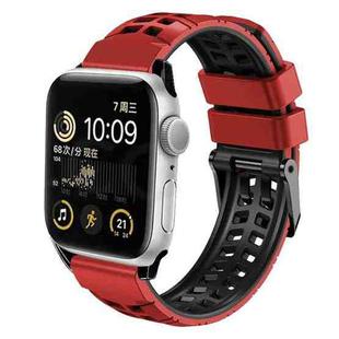For Apple Watch 8 41mm Twill Dual-row Buckle Silicone Watch Band(Black Red)