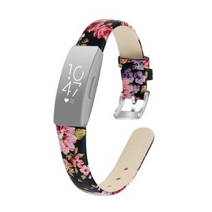 For Fitbit Inspire / Inspire HR Cowhide Leather C Type  Watch Band, Size:L(Black Pink Flower)