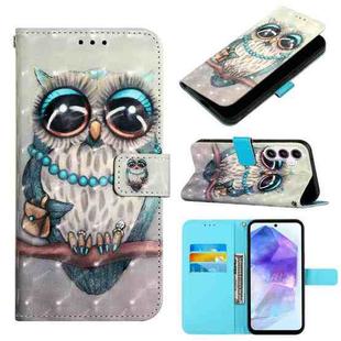 For Samsung Galaxy A55 3D Painting Horizontal Flip Leather Phone Case(Grey Owl)