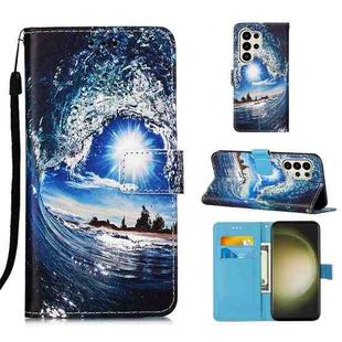 For Samsung Galaxy S24 Ultra 5G Colored Drawing Pattern Plain Weave Leather Phone Case(Waves And Sun)