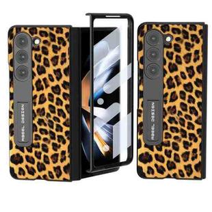 For Samsung Galaxy Z Fold5 ABEEL Integrated Black Edge Leopard Phone Case with Holder(Gold)
