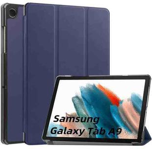For Samsung Galaxy Tab A9 Custer Pure Color 3-Fold Holder Leather Tablet Case(Dark Blue)
