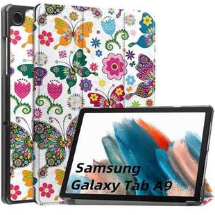 For Samsung Galaxy Tab A9 Custer Painted 3-Fold Holder Smart Leather Tablet Case(Colorful Butterflies)