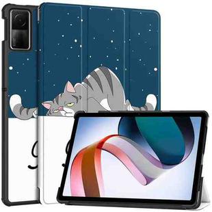 For Xiaomi Redmi Pad SE Custer Painted 3-Fold Holder Smart Leather Tablet Case(Lazy Cat)