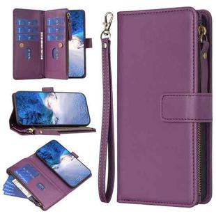 For OPPO A58 4G 9 Card Slots Zipper Wallet Leather Flip Phone Case(Dark Purple)
