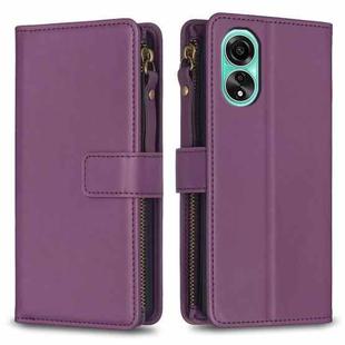 For OPPO A78 4G 9 Card Slots Zipper Wallet Leather Flip Phone Case(Dark Purple)