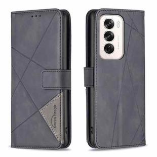 For OPPO Reno12 Global Magnetic Buckle Rhombus Texture Leather Phone Case(Black)