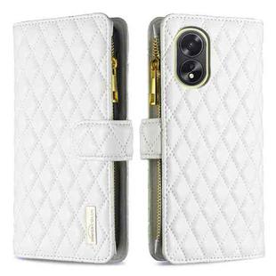 For OPPO A38 4G Diamond Lattice Zipper Wallet Leather Flip Phone Case(White)