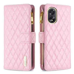 For OPPO A38 4G Diamond Lattice Zipper Wallet Leather Flip Phone Case(Pink)