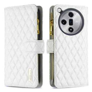 For OPPO Find X7 Diamond Lattice Zipper Wallet Leather Flip Phone Case(White)