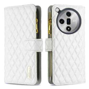 For OPPO Find X7 Ultra Diamond Lattice Zipper Wallet Leather Flip Phone Case(White)