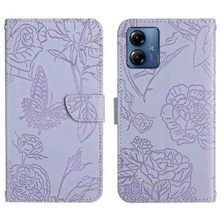 For Motorola Moto G14 HT03 Skin Feel Butterfly Embossed Flip Leather Phone Case(Purple)