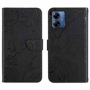 For Motorola Moto G14 HT03 Skin Feel Butterfly Embossed Flip Leather Phone Case(Black)