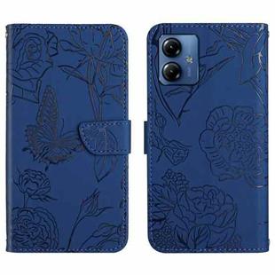 For Motorola Moto G14 HT03 Skin Feel Butterfly Embossed Flip Leather Phone Case(Blue)