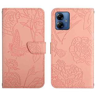 For Motorola Moto G14 HT03 Skin Feel Butterfly Embossed Flip Leather Phone Case(Pink)