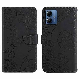 For Motorola Moto G54 HT03 Skin Feel Butterfly Embossed Flip Leather Phone Case(Black)