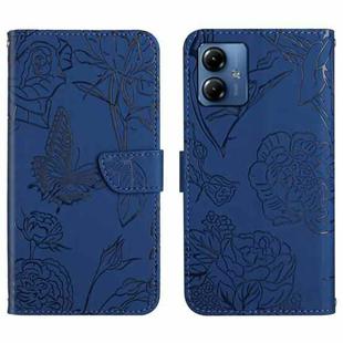 For Motorola Moto G54 HT03 Skin Feel Butterfly Embossed Flip Leather Phone Case(Blue)