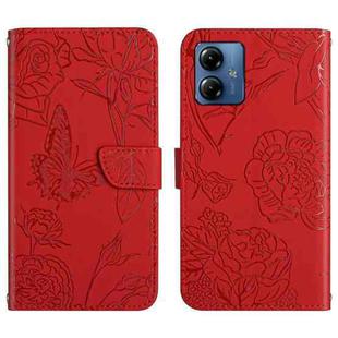 For Motorola Moto G54 HT03 Skin Feel Butterfly Embossed Flip Leather Phone Case(Red)