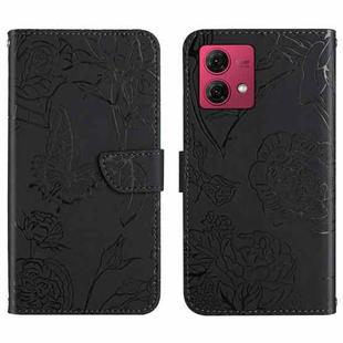 For Motorola Moto G84 HT03 Skin Feel Butterfly Embossed Flip Leather Phone Case(Black)