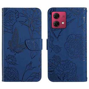 For Motorola Moto G84 HT03 Skin Feel Butterfly Embossed Flip Leather Phone Case(Blue)