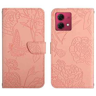 For Motorola Moto G84 HT03 Skin Feel Butterfly Embossed Flip Leather Phone Case(Pink)