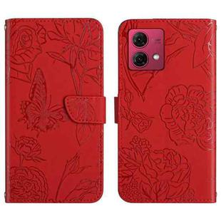 For Motorola Moto G84 HT03 Skin Feel Butterfly Embossed Flip Leather Phone Case(Red)