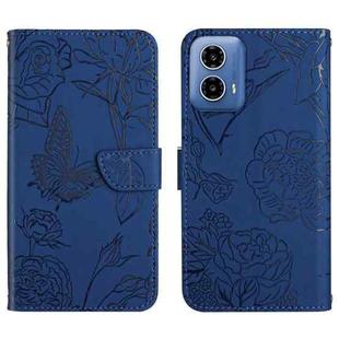 For Motorola Moto G34 5G HT03 Skin Feel Butterfly Embossed Flip Leather Phone Case(Blue)