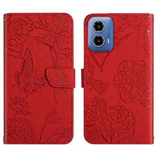 For Motorola Moto G34 5G HT03 Skin Feel Butterfly Embossed Flip Leather Phone Case(Red)