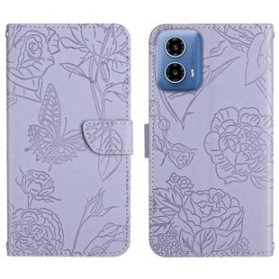 For Motorola Moto G35 5G HT03 Skin Feel Butterfly Embossed Flip Leather Phone Case(Purple)