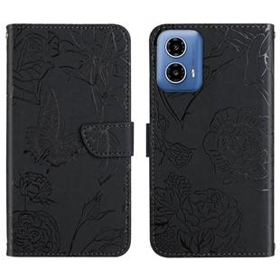 For Motorola Moto G35 5G HT03 Skin Feel Butterfly Embossed Flip Leather Phone Case(Black)