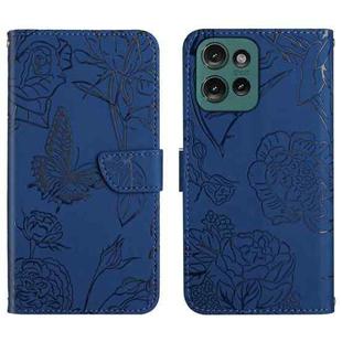 For Motorola Moto G75 5G HT03 Skin Feel Butterfly Embossed Flip Leather Phone Case(Blue)