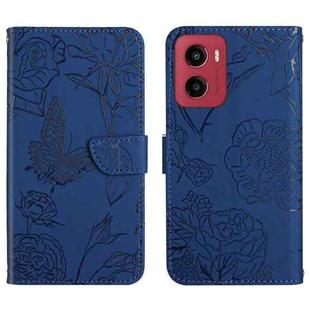 For Motorola Moto G05 HT03 Skin Feel Butterfly Embossed Flip Leather Phone Case(Blue)